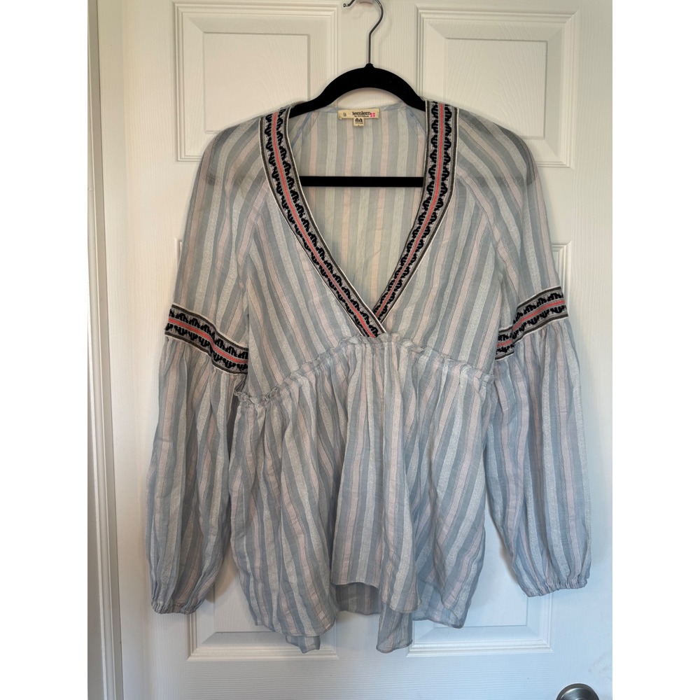 Lemlem by Liya Kebede Blue Striped Embroidered V-Neck Babydoll Blouse XS
